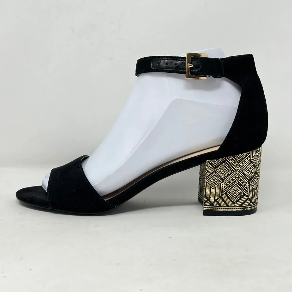 Nine West‎ Black Faux Suede Ankle Strap Gold Design Block Heels Size 6.5M